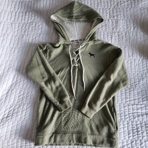 PINK Victoria Secret Olive Green Lace Up Sherpa Hoodie